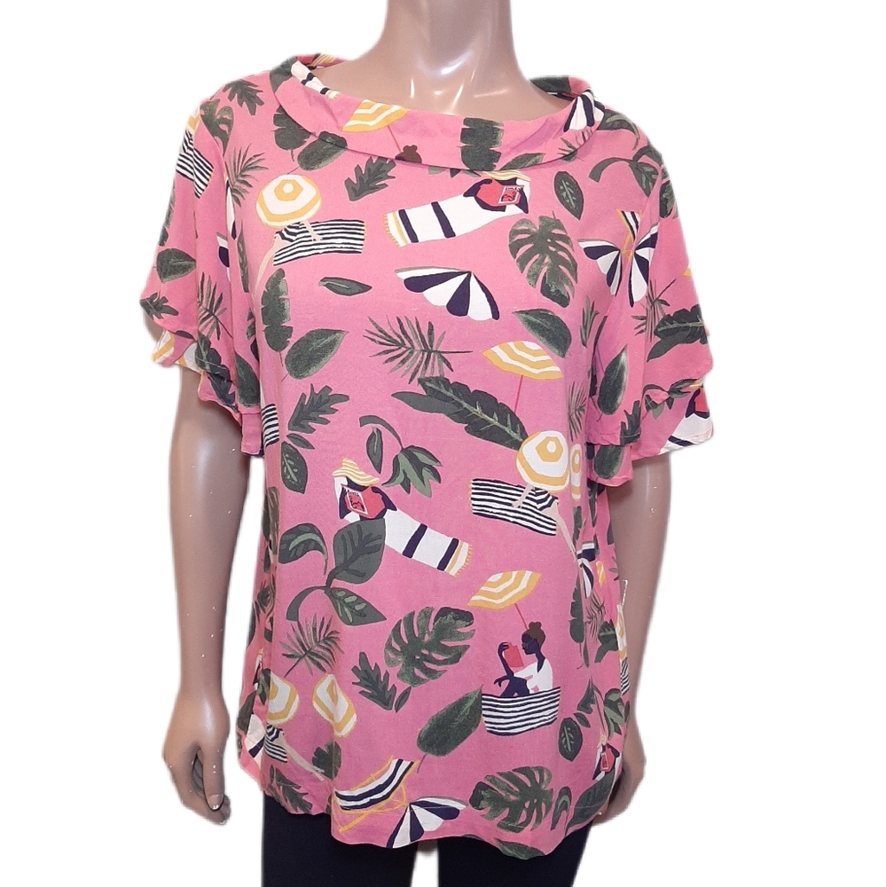 Max Jeans Beach Top Short Flare Sleeve Foldover Tropical Pink